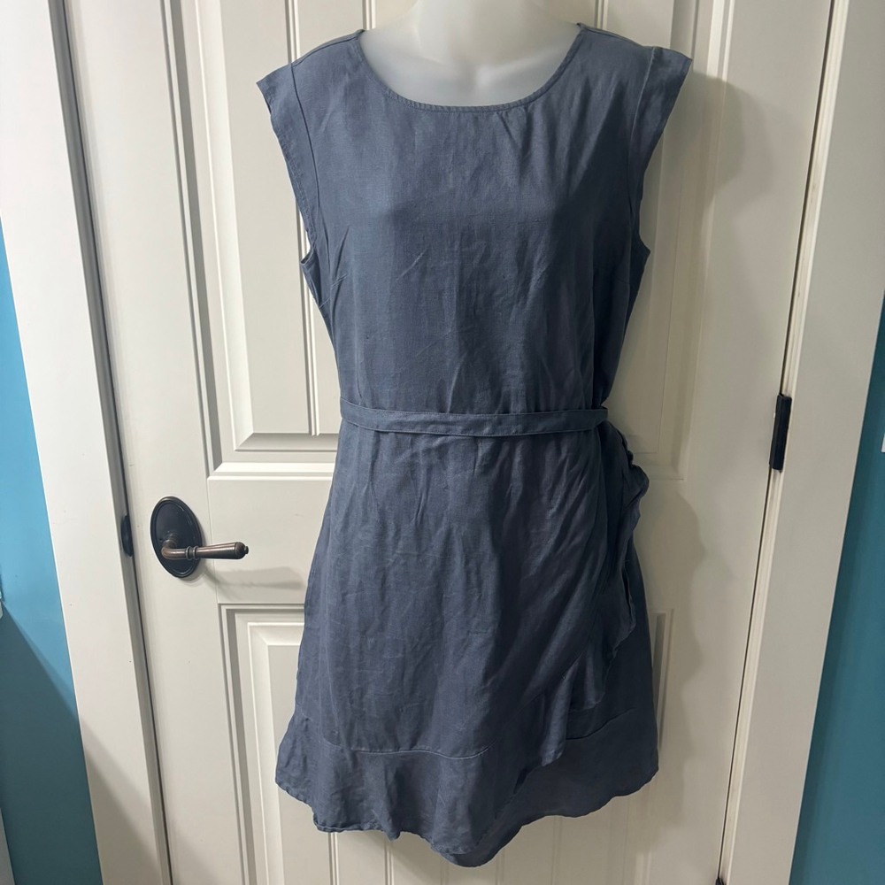 Garnet Hill Chambray Blue Linen Sleeveless Wrap Dress Size 12